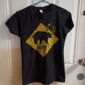 2/$10 Black T-Shirt with Yellow Bear Deer Beer Sign Graphic Size Small